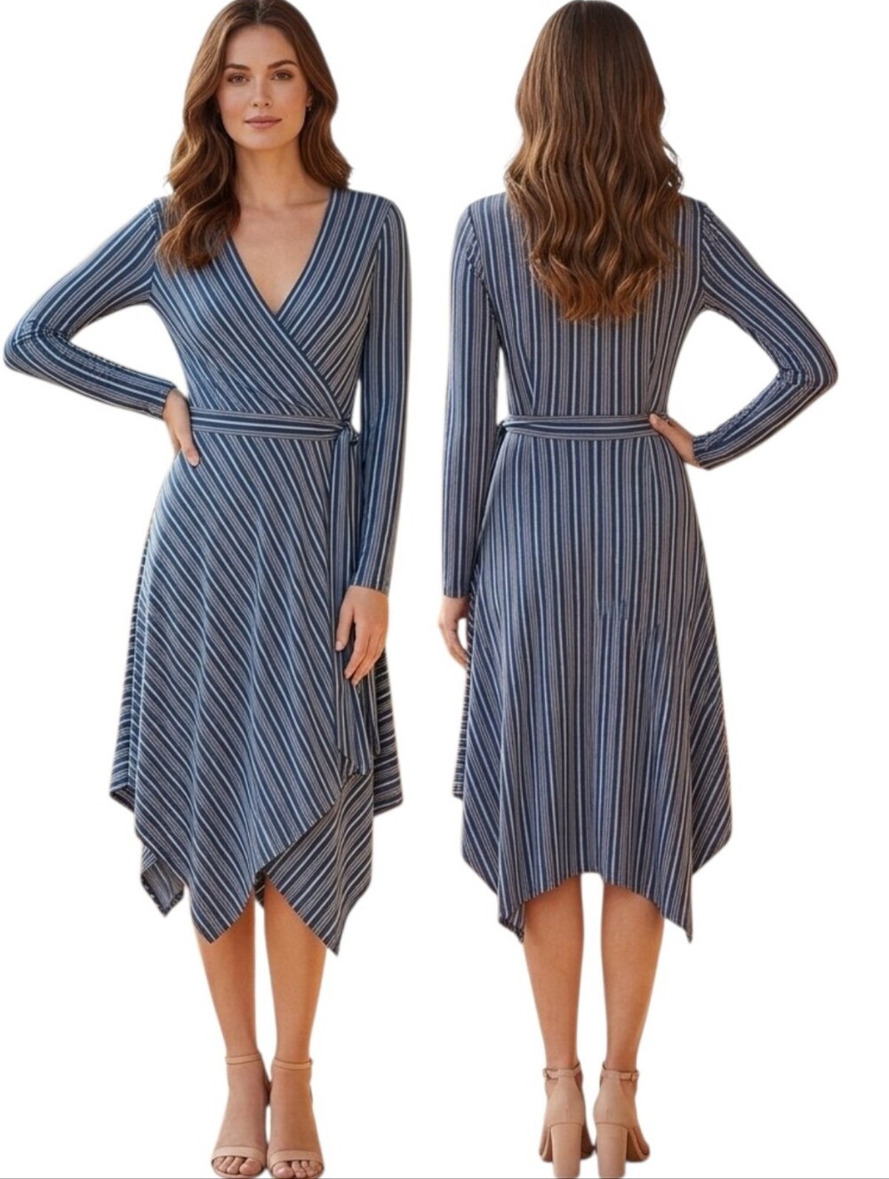 BCBGMAXAZRIA Striped Handkerchief Hem Wrap Dress - Size S